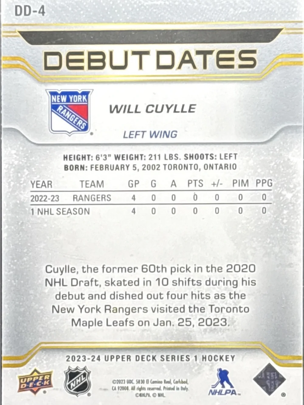 Upper Deck CCM Will Cuylle Rangers Hockey Trading Card